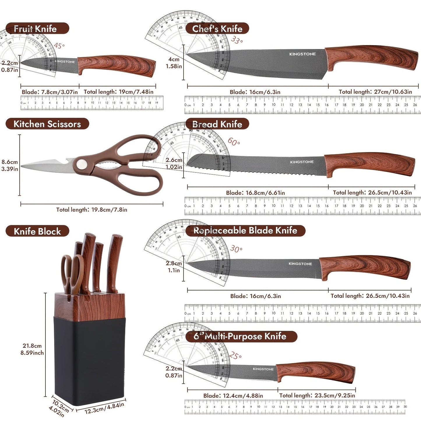 Seven-Piece Kitchen Knife Set with Five Dark Blades, Scissors, Wood-Look Handles and Storage Block