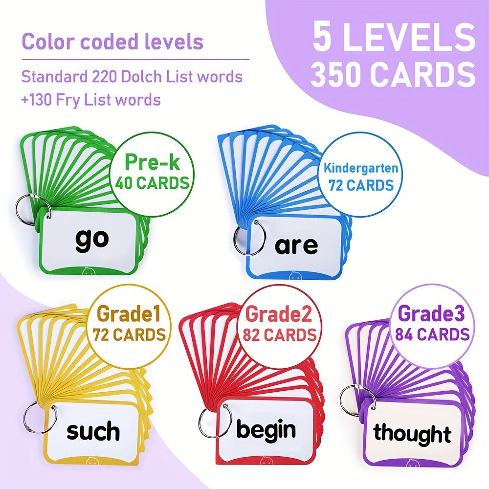 Sight Words Flash Cards 350 Dolch & Fry High Frequency Words, 5 Color-Coded Levels Pre-K to 3rd Grade