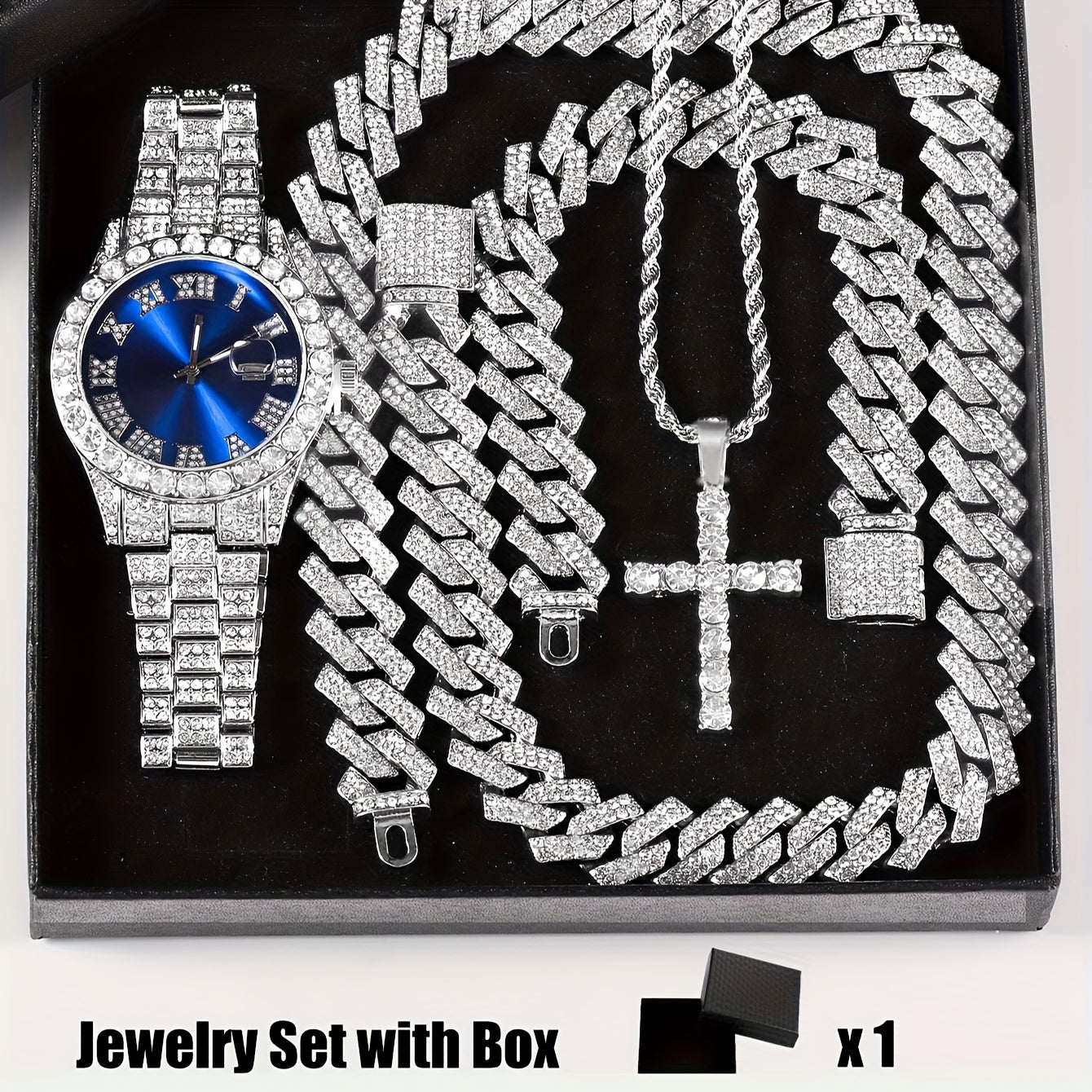 Bridal Jewelry Set - Rhinestone Watch & Cross Pendant 4-Piece for Men & Women 5A Crystal Quartz - product detail view 25