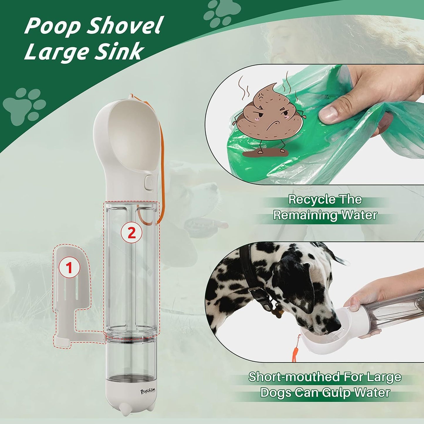 Portable Dog Water Bottle 3-in-1 – Travel Water Dispenser, Food Container & Poop Bag Holder for Dogs, Leak-Proof Silicone & ABS
