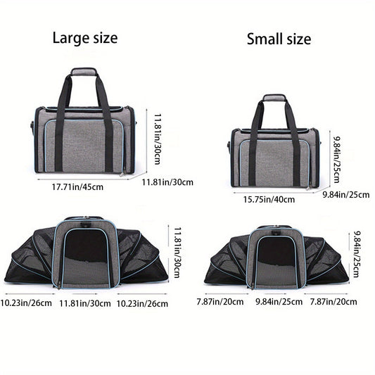 Expandable Pet Carrier Tote with Two Zip-Open Mesh Side Sections and Small or Large Size Options