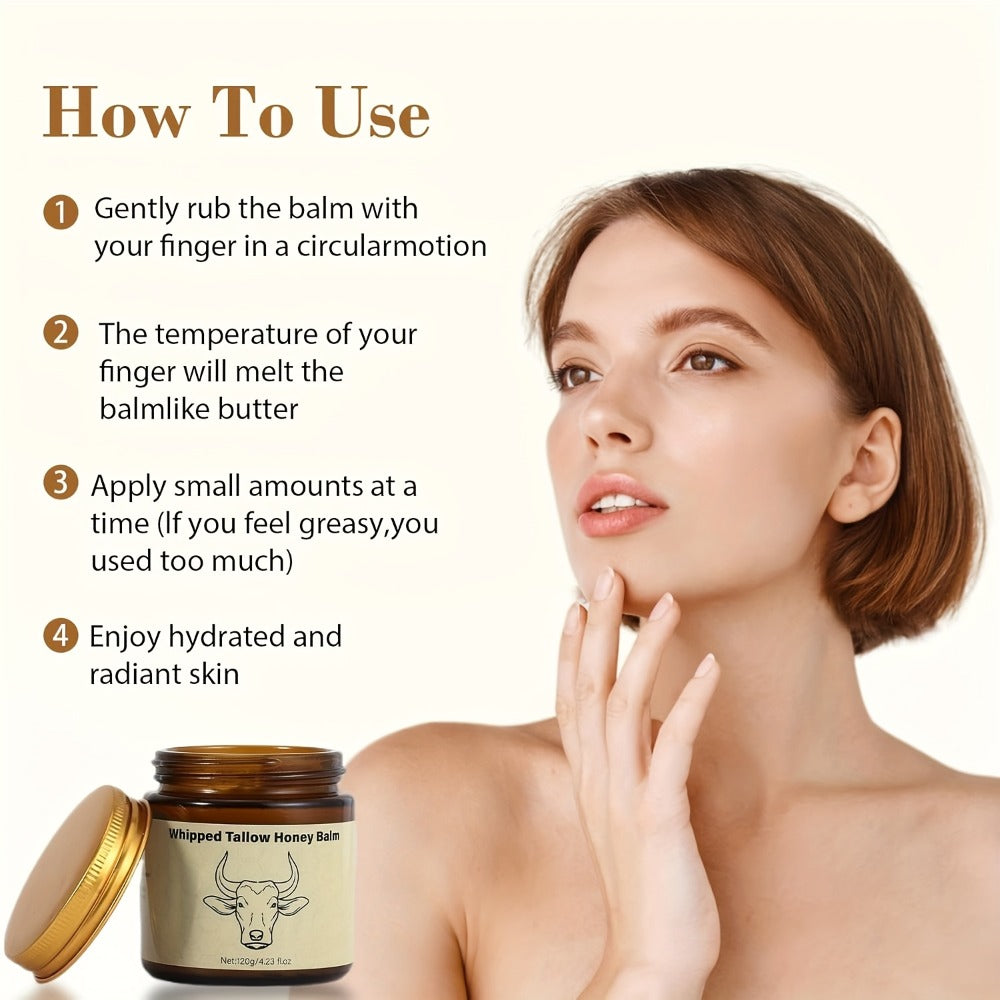 Beef Tallow Cream 4oz with Honey, Natural Fast-Absorbing for Face, Body, Hair & Dry Cracked Skin