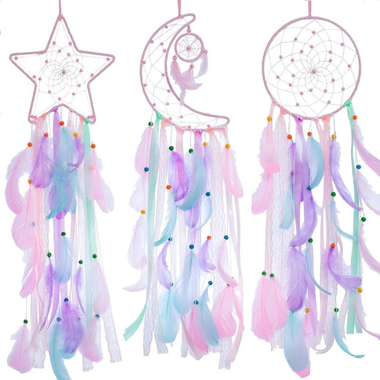 Dream Catcher Set of 3 - Moon Sun Star Wall Hanging Decor for Bedroom, Boho Room Decor for Teen Girls Kids