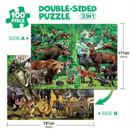 Double Sided Puzzle for Kids 100 Pieces Jungle Animals, 2-in-1 Jigsaw Educational Toy for Boys & Girls Ages 3 4 5 6 7 8