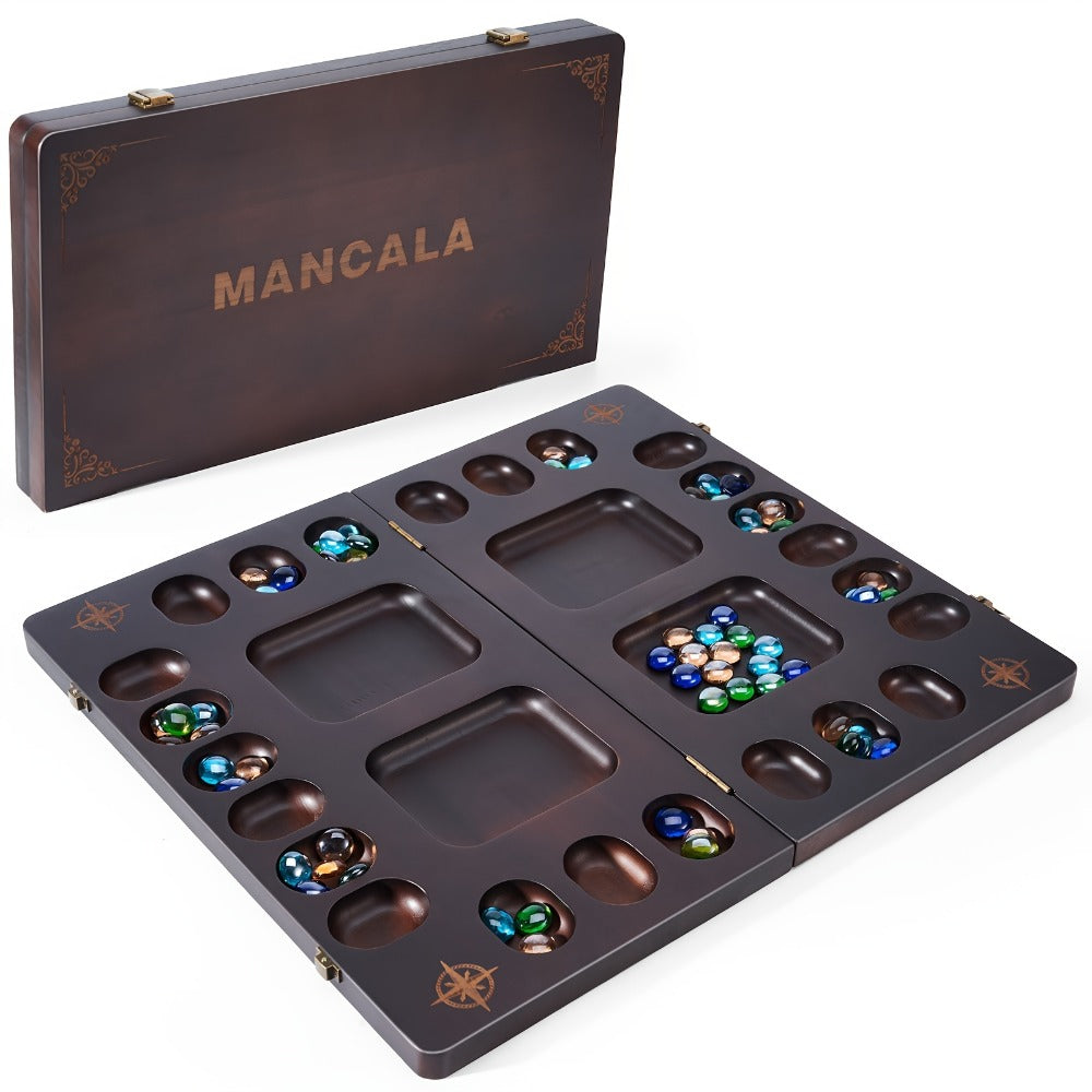4-Player Mancala Game Set β Premium Solid Wood Folding Board with 108 Multi-Color Glass Stone Beads & Instructions