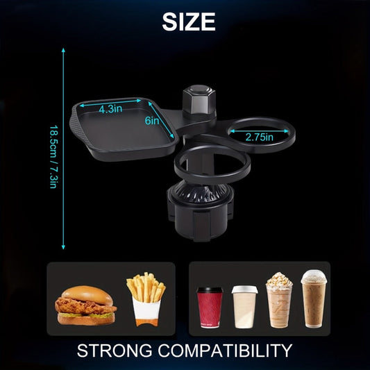 Rotating Car Cup Holder Expander with Dual Drink Rings, 4.3 x 6 Inch Tray, Adjustable Base and Black Finish