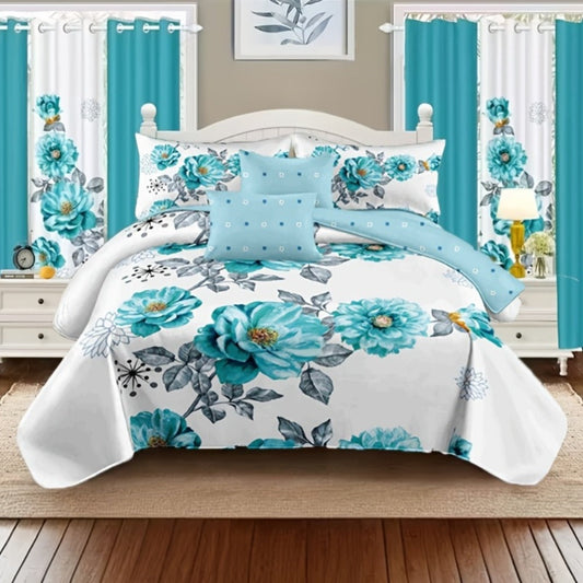Botanical Floral Comforter and Pillowcase Set in Pink, Cyan or Lake Blue with Twin, Queen and King Sizes