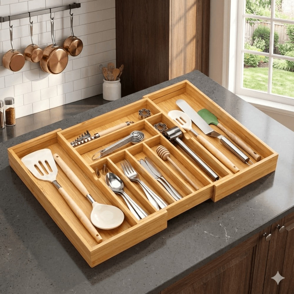 Bamboo Drawer Organizer Expandable Adjustable 9-Compartment Silverware Tray Cutlery Utensil Holder for Kitchen Drawer Office Desk Bedroom