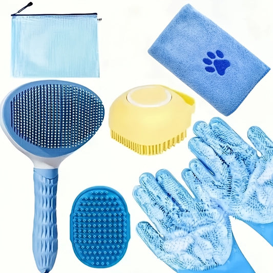 Dog Grooming Kit Set 6pcs – Pet Brush, Microfiber Towel, Washing Gloves & Shedding Tool, No Power Required