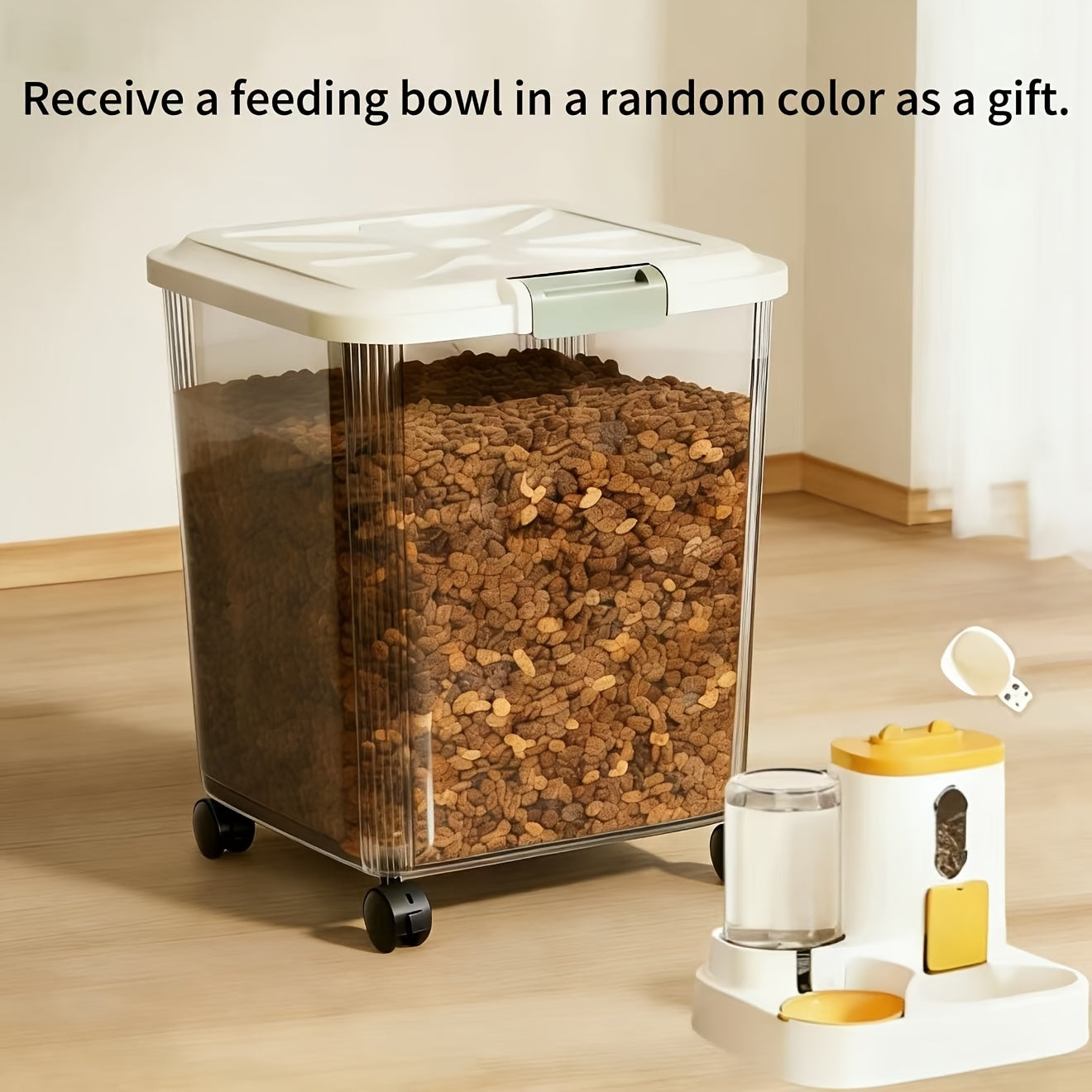 Pet Food Storage Container with Wheels – Lockable Lid Transparent Rolling Bin with Scoop for Dogs Cats & Birds, 11lb / 22lb / 33lb