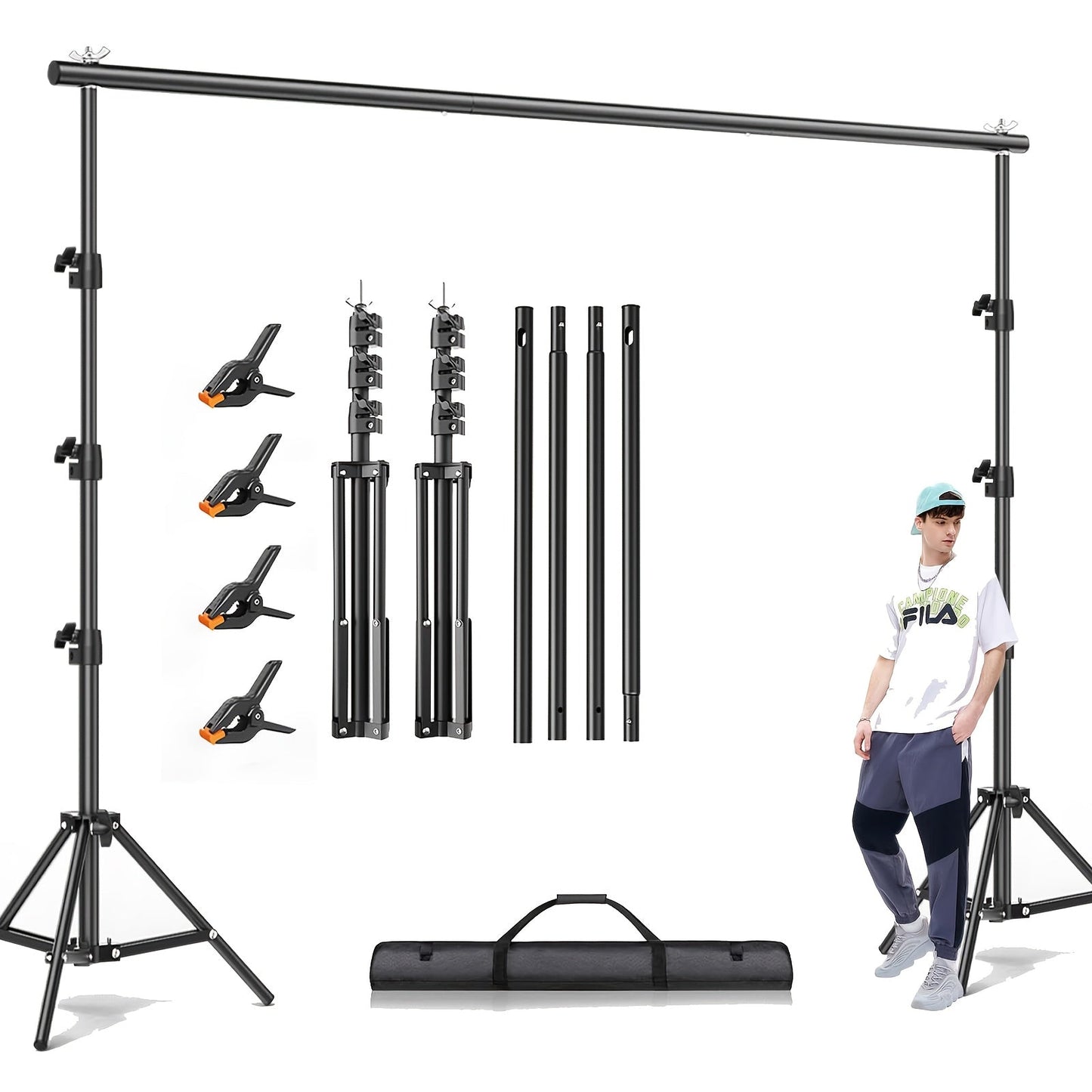 10x10ft Heavy Duty Backdrop Stand Kit – Photography Background Support System with 2 Stands, 4 Crossbars, 4 Clamps & Carry Bag for Photo