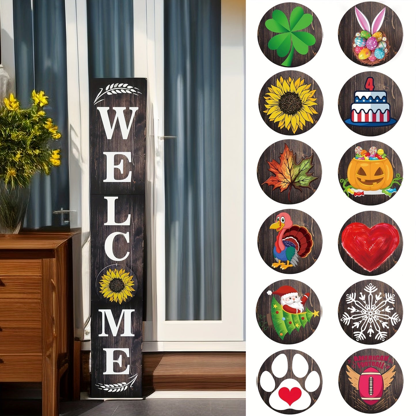 Porch Sign with 12 Interchangeable Seasonal Icons 47 Inch Tall – Welcome Sign for Front Door, Wind Resistant Leaner Board for Patio Yard