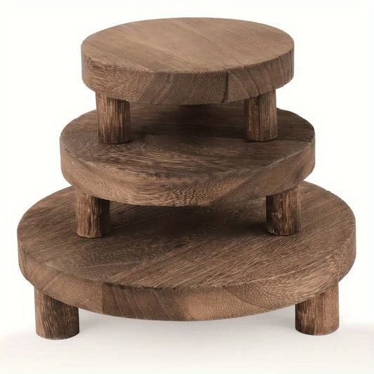 Wooden Display Risers Set of 3 – Rustic Farmhouse Cake Stand Pedestals for Kitchen Counter, Home Decor, Christmas & Holiday Table