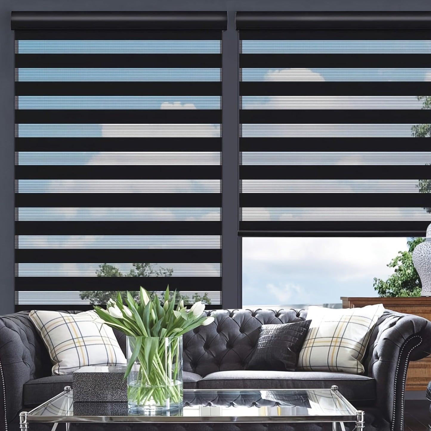 Cordless Zebra Roller Shade with Valance, Day Night Window Blind, Dual Layer Window Treatment Mesh Opaque Fabric