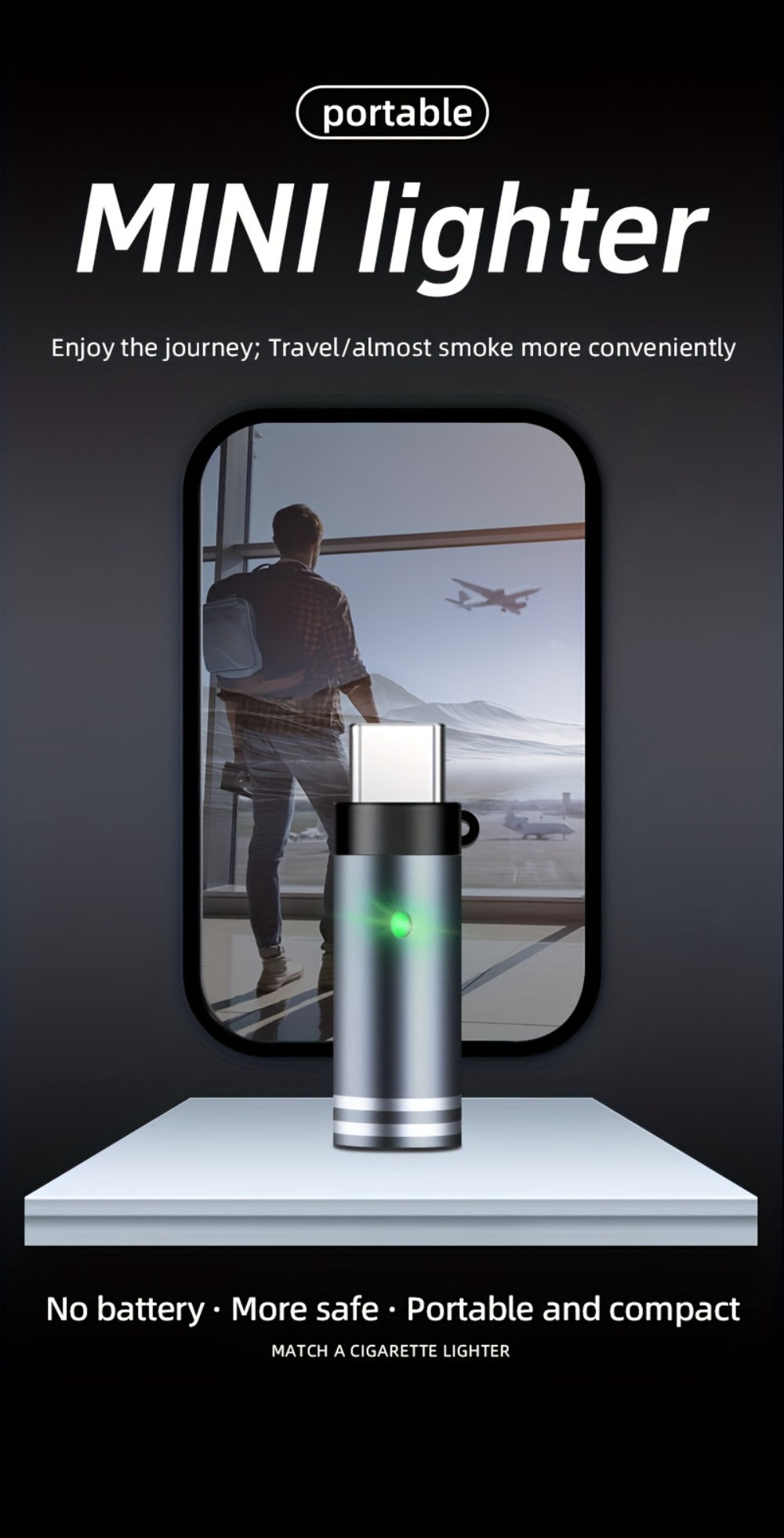 USB-C Plug-In Heating-Coil Electric Lighter in Black with Compact Cylindrical Body for Direct Phone Power