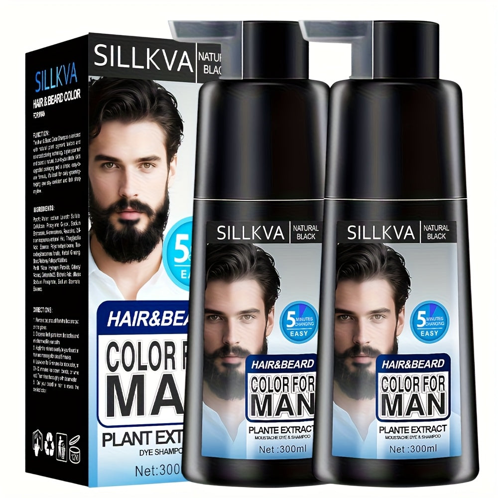 Men's 3-in-1 Black Hair & Beard Dye Shampoo, 8-Minute Gray Coverage, Ammonia-Free Natural Color