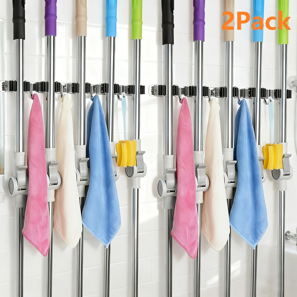 Mop and Broom Holder Wall Mount, Stainless Steel Self Adhesive Rack with 5 Slots & 4 Hooks