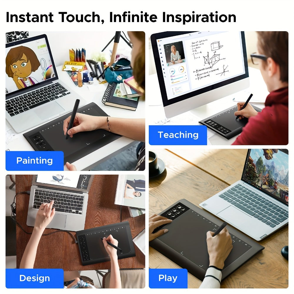 Graphics Drawing Tablet 10x6 Inch, 8192 Levels Pressure Sensitivity Battery-Free Stylus, 12 Programmable Shortcut Keys