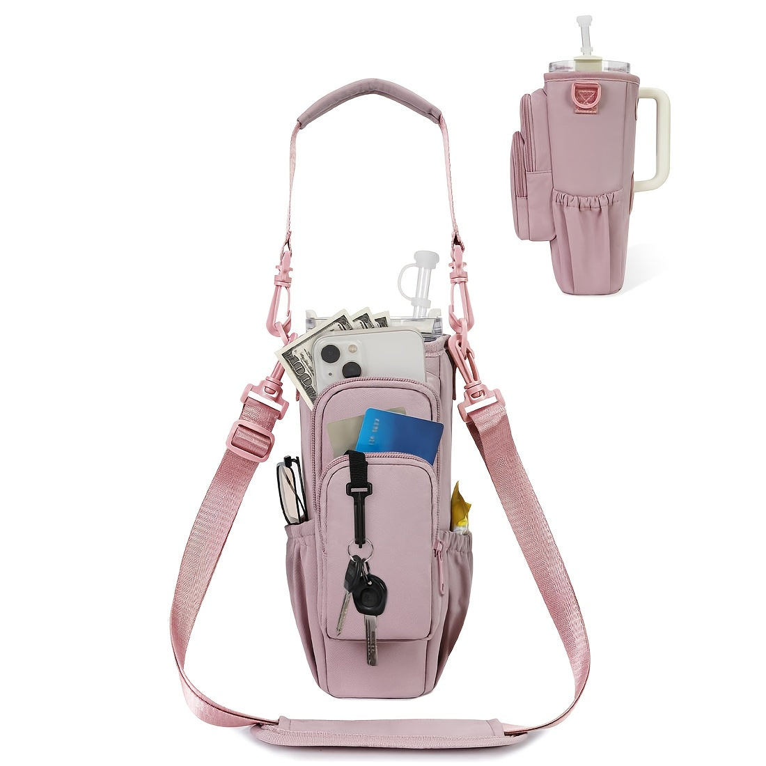 40oz Insulated Water Bottle Carrier Sling Bag with Straw Lid – Hands-Free Dog Walking Bag with Phone Pocket
