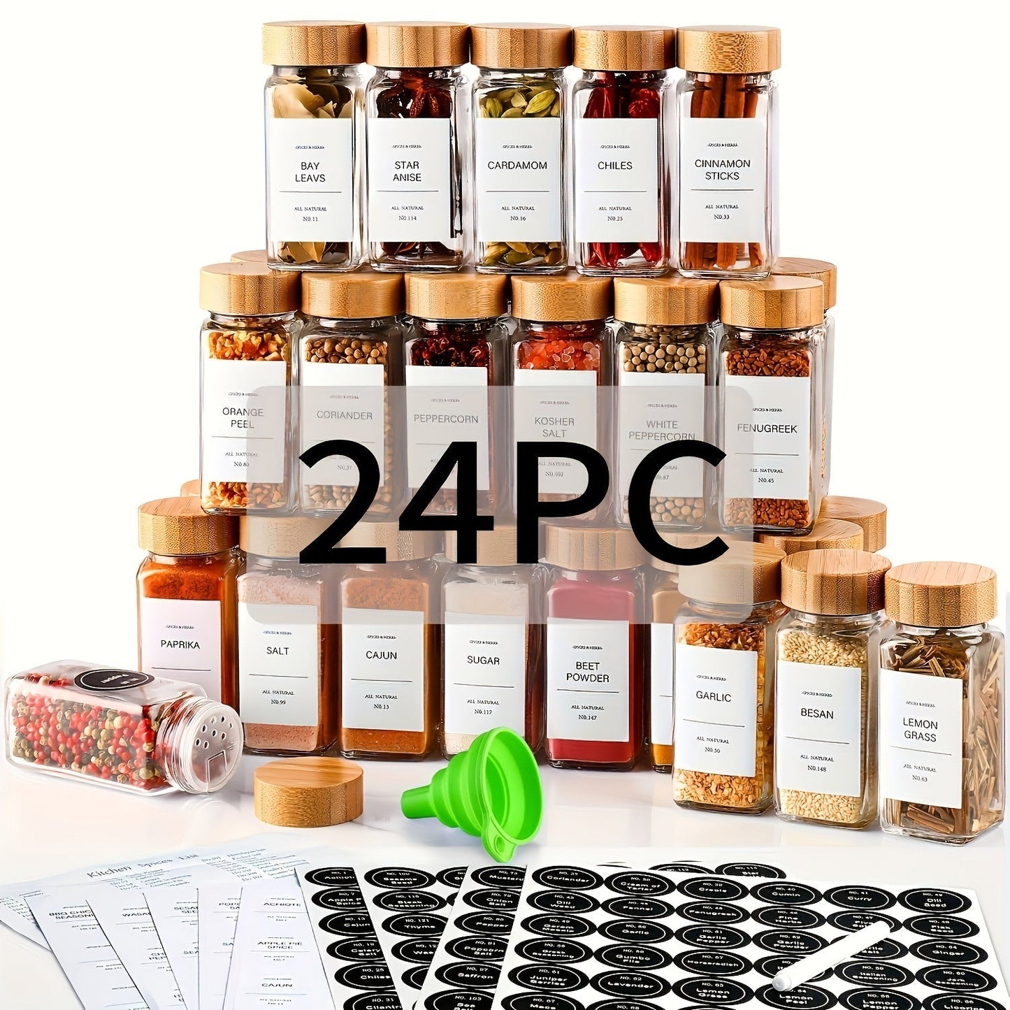 Glass Spice Jars 4oz with Bamboo Lids Labels and Collapsible Funnels Seasoning Storage for Home Cooking, Dining and Outdoor Meals