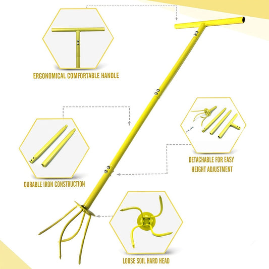 Garden Cultivator Manual Soil Loosener & Scarifier, Heavy-Duty Detachable Ergonomic Handle, Multi-Function Tool for Lawn Aeration
