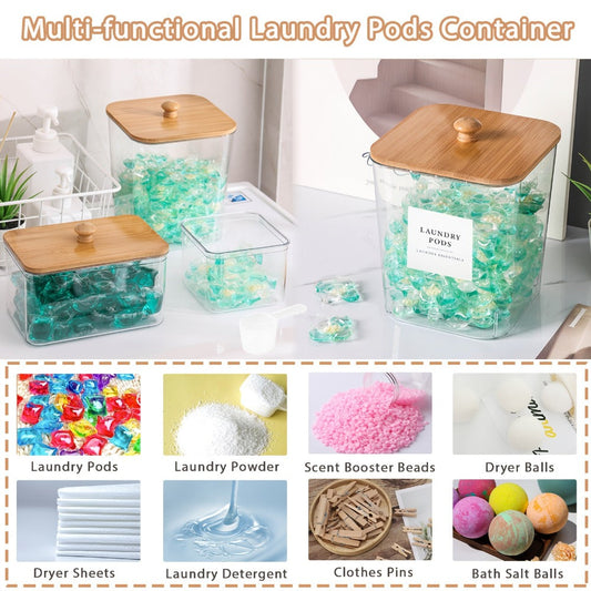 Laundry Pod Containers Set of 4 with Lids Scoops and Labels for Entryways, Bedrooms and Living Spaces