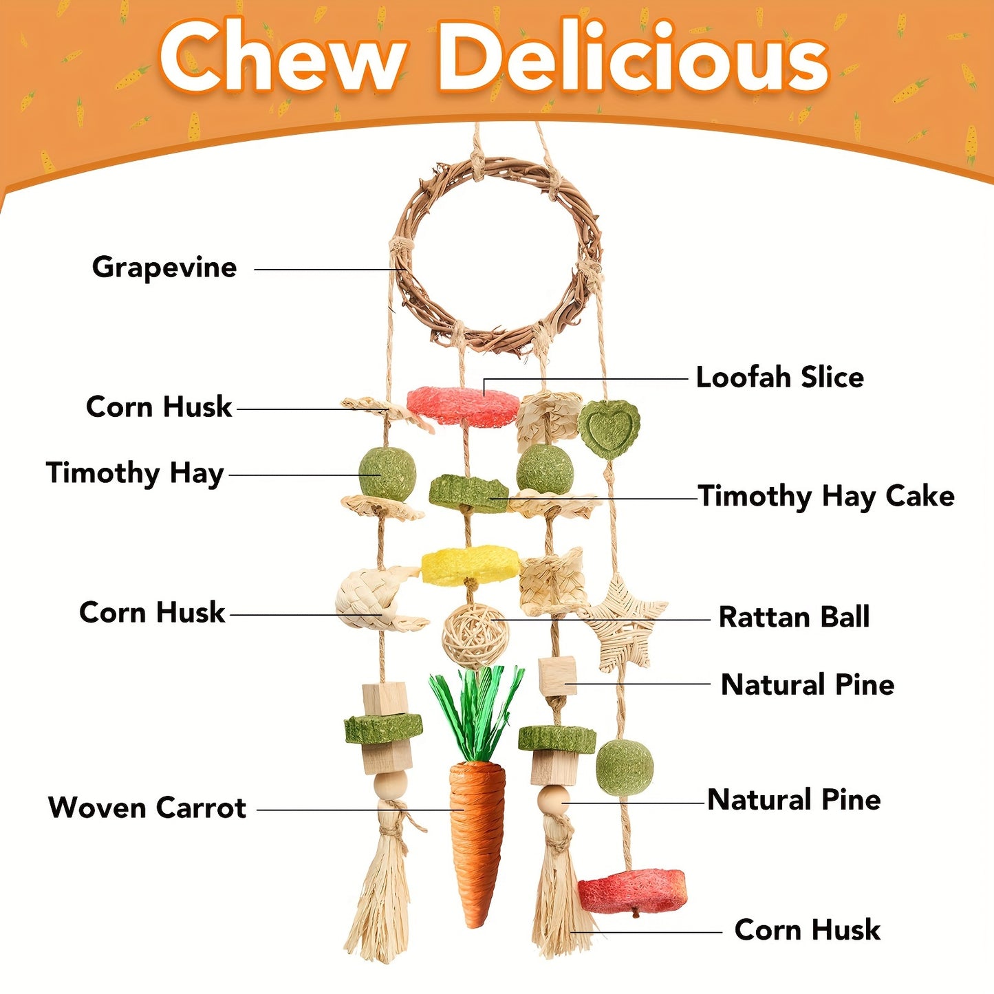 Small Animal Chew Toys 2 Pack – Rattan Ring Hanging Cage Toys with Natural Snacks for Rabbits Guinea Pigs Chinchillas Hamsters Rats