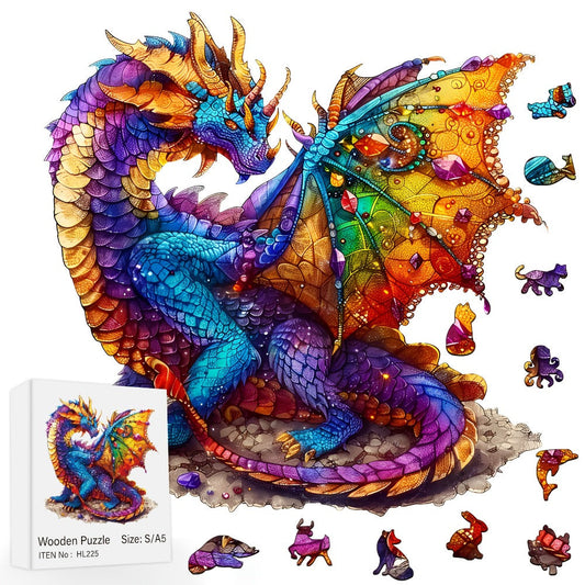 Dragon Wooden Jigsaw Puzzle Gemstone Fantasy – Colorful Irregular Animal Shaped Pieces, Unique Non-Repetitive Plywood Brain Teaser