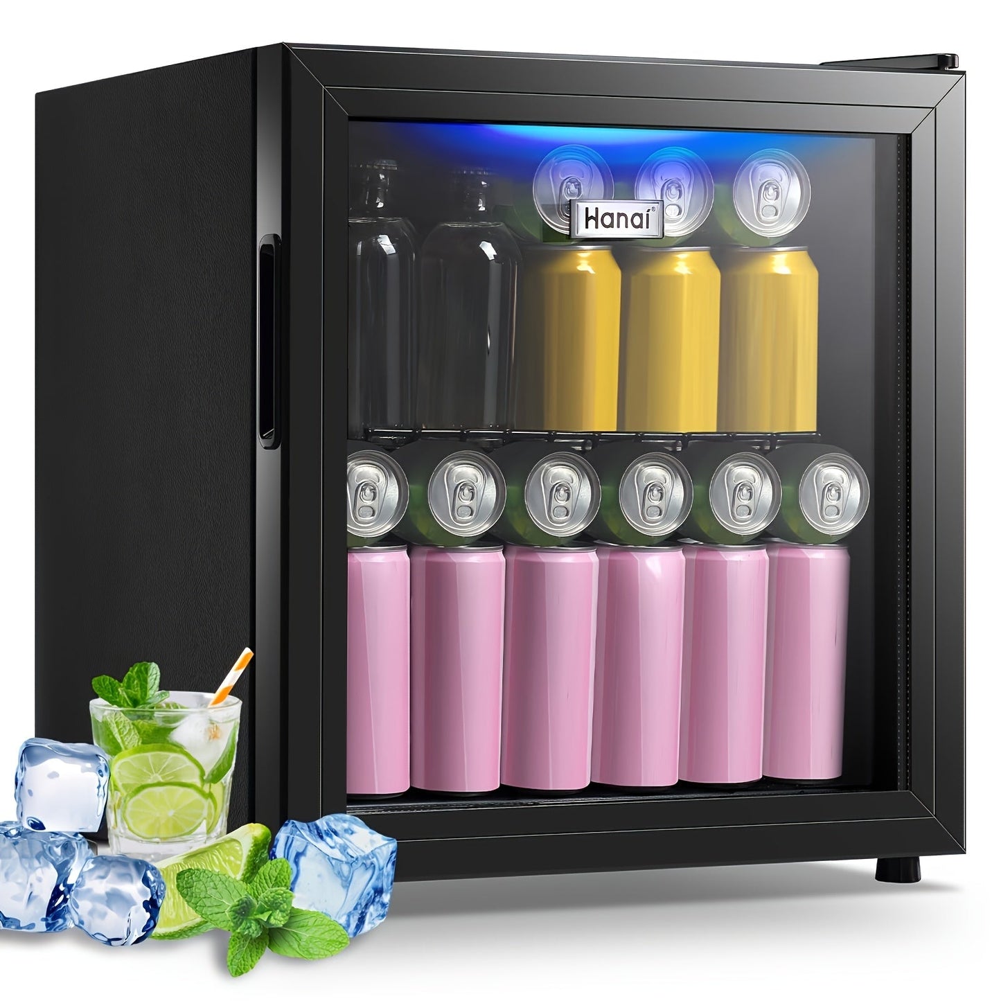 Beverage Refrigerator with Glass Door, Mini Drink Cooler Fridge with Blue LED Light, 3 Adjustable Shelves & R600a Compressor