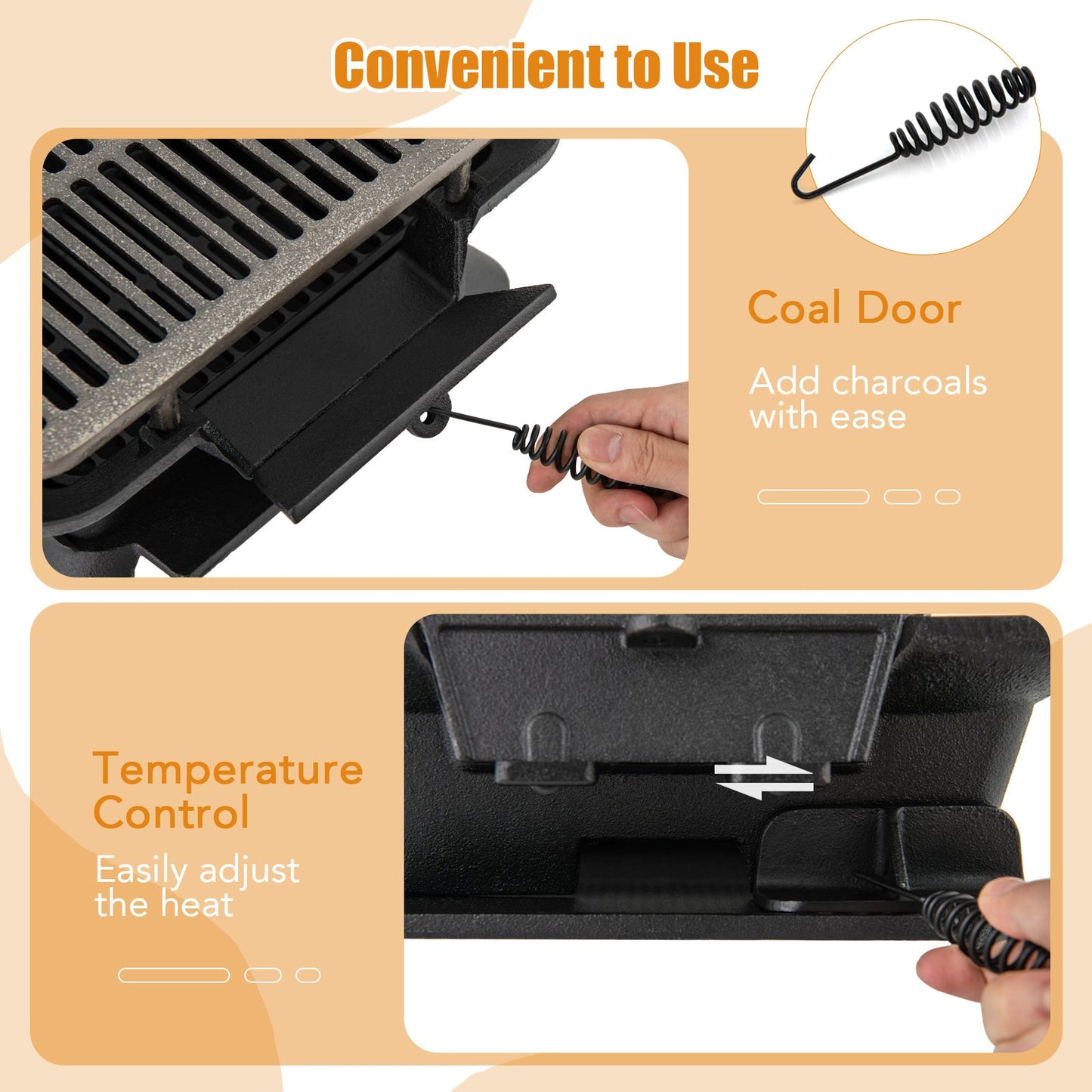 Cast Iron Charcoal Grill Portable Hibachi Tabletop BBQ Grill 16x11in Double-Sided Grate for Grilling, Camping and Outdoor Meals