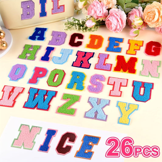 Chenille Letter Patches Self Adhesive A-Z 26pcs – Embroidered Alphabet Applique Stickers for Clothes Bags Hats Phone Cases