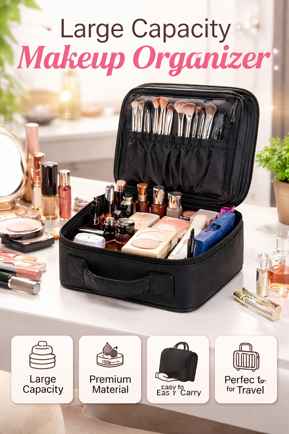 Makeup Bag Fabric Travel Case with Easy-Clean Lining and Top Handle for Travel, Vanity and Everyday Beauty Storage