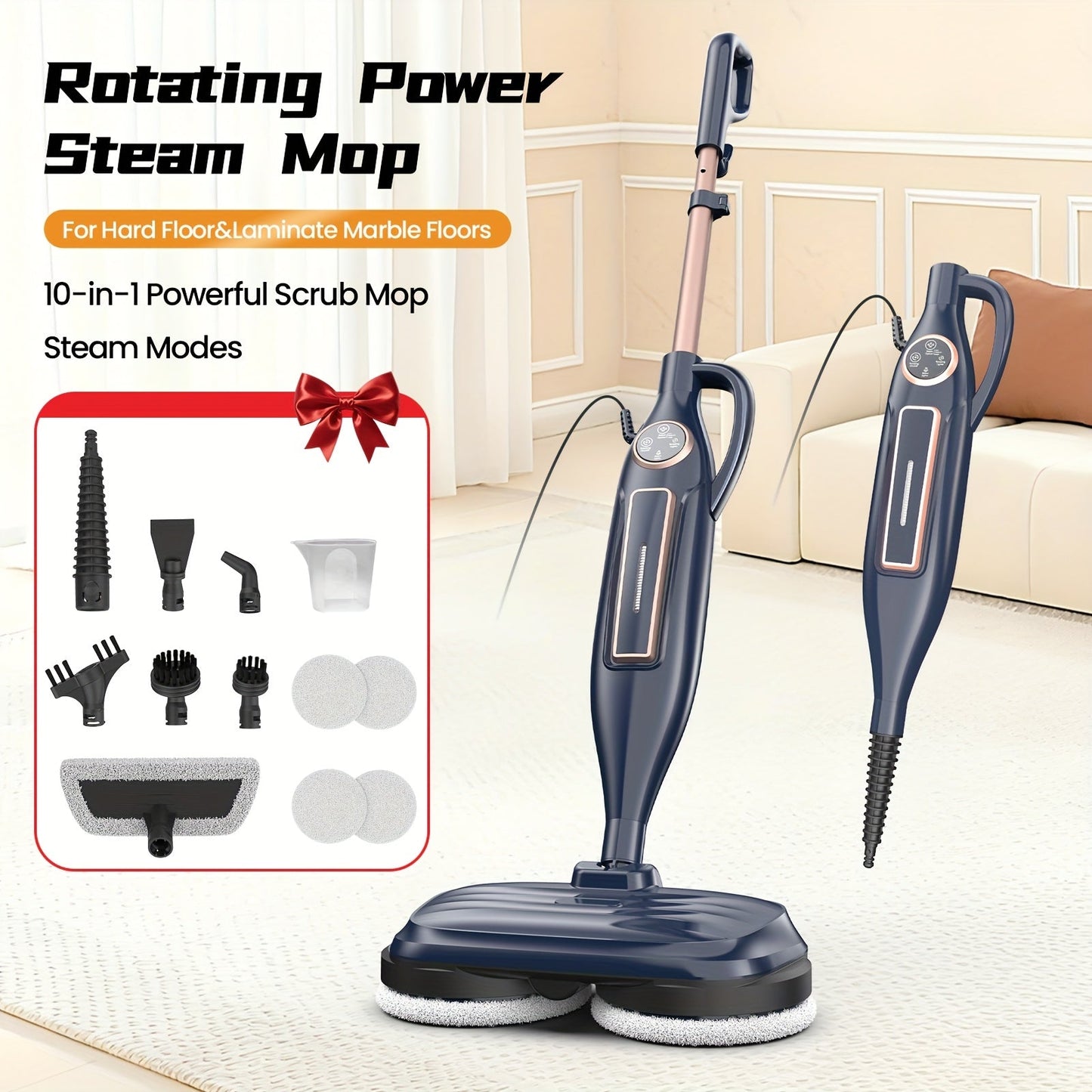 Steam Mop 10-in-1 Spinning Rotating Mop Pads with Steam Blaster Technology - 3 Steam Modes, LED Headlights