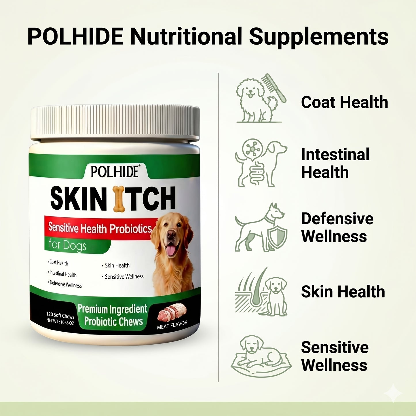 Dog Gut Health Probiotic Chews 120 Count – Yeast Supplement for Sensitive Stomach, Coat & Intestinal Wellness, Soft Meat Flavor