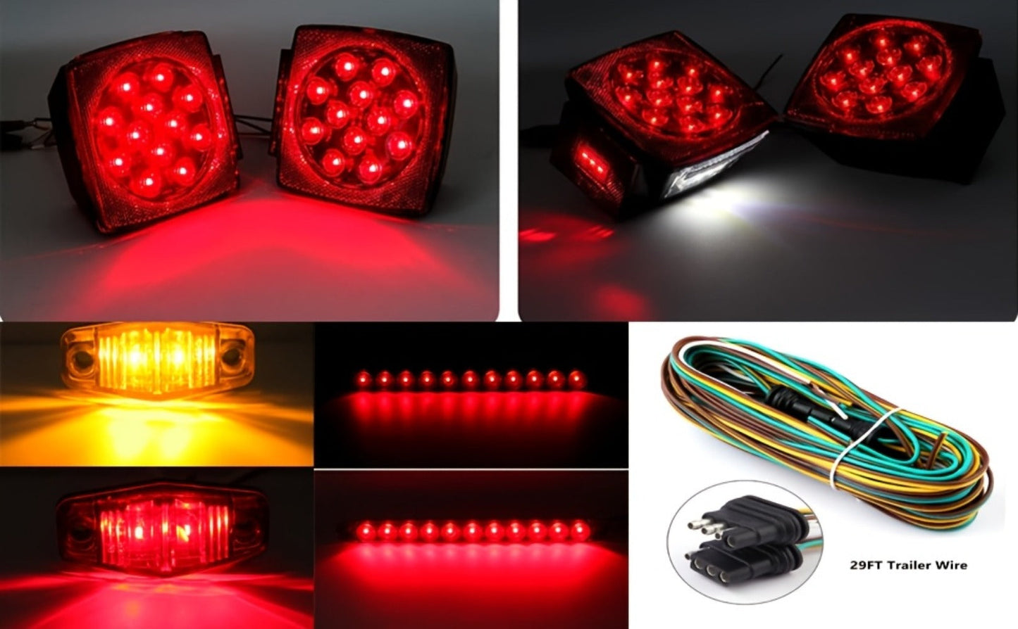 Trailer LED Light Kit – Square Stop Turn Tail Lights, 29FT Wiring Harness, 6 LED Marker Lights & 11-LED Light Bar with License Plate Bracket