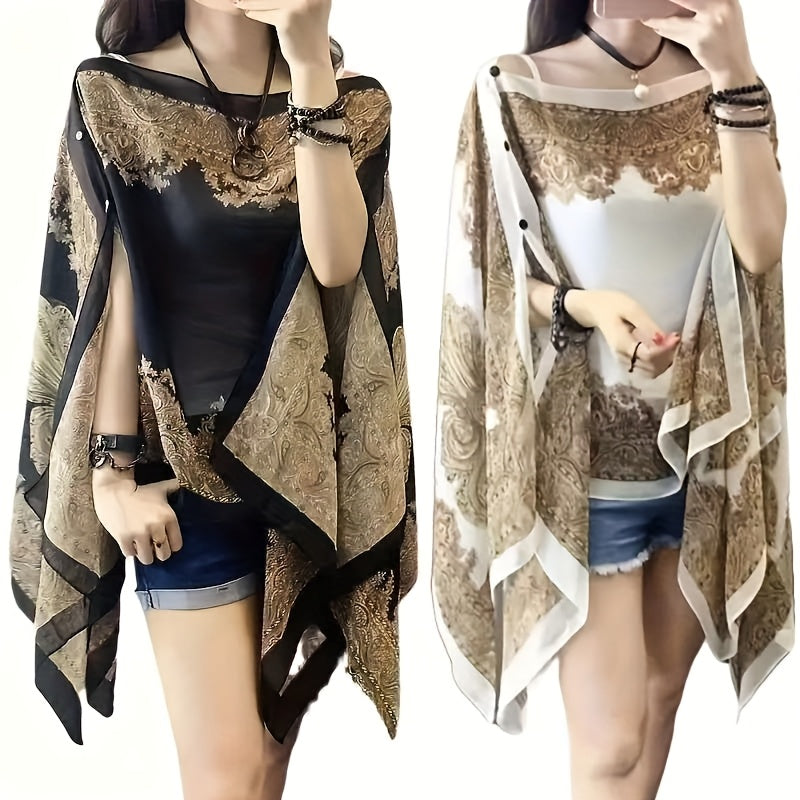 Chiffon Shawl - 2pcs Set for Women - Boho Paisley Print Lightweight Sunscreen Beach - product detail view 9