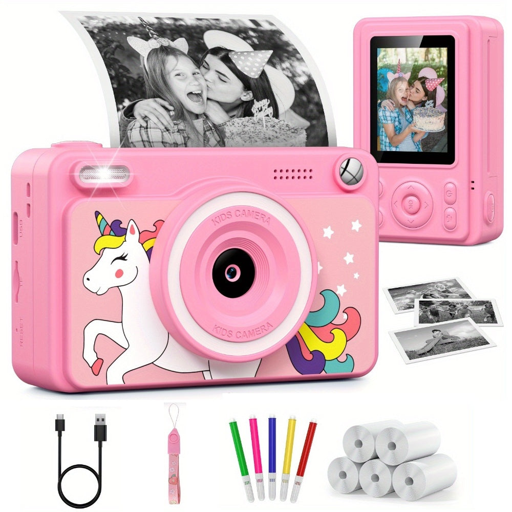 Kids Instant Print Camera with Cartoon Unicorn or Dinosaur Design, Paper Rolls, Color Pens and Four Color Options