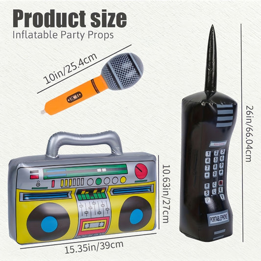 Inflatable Party Props 3 Pcs Blow Up Boombox Microphone & Retro Phone – 80s Hip Hop Theme Birthday Decorations for Graduation