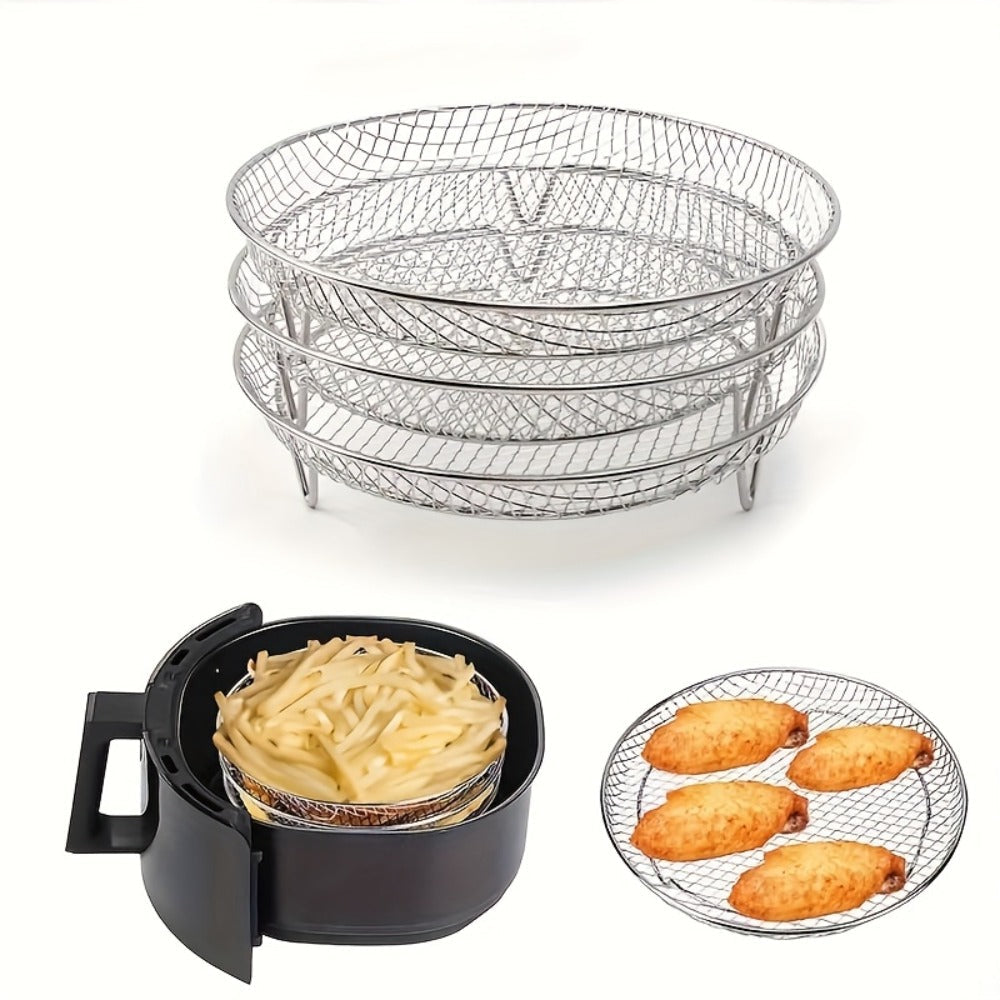 Seven-Piece Round Air Fryer Rack Set with Three Stackable Trays, One Handling Tool and Three Grips