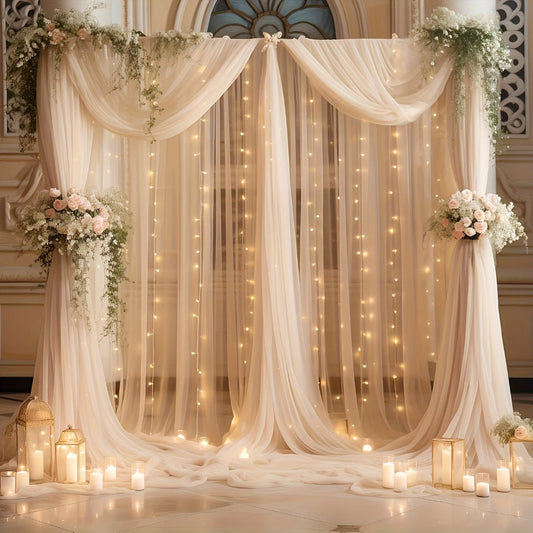 Champagne Tulle Photography Backdrop Set with Two Curtain Panels, USB String Lights and Ten Hooks