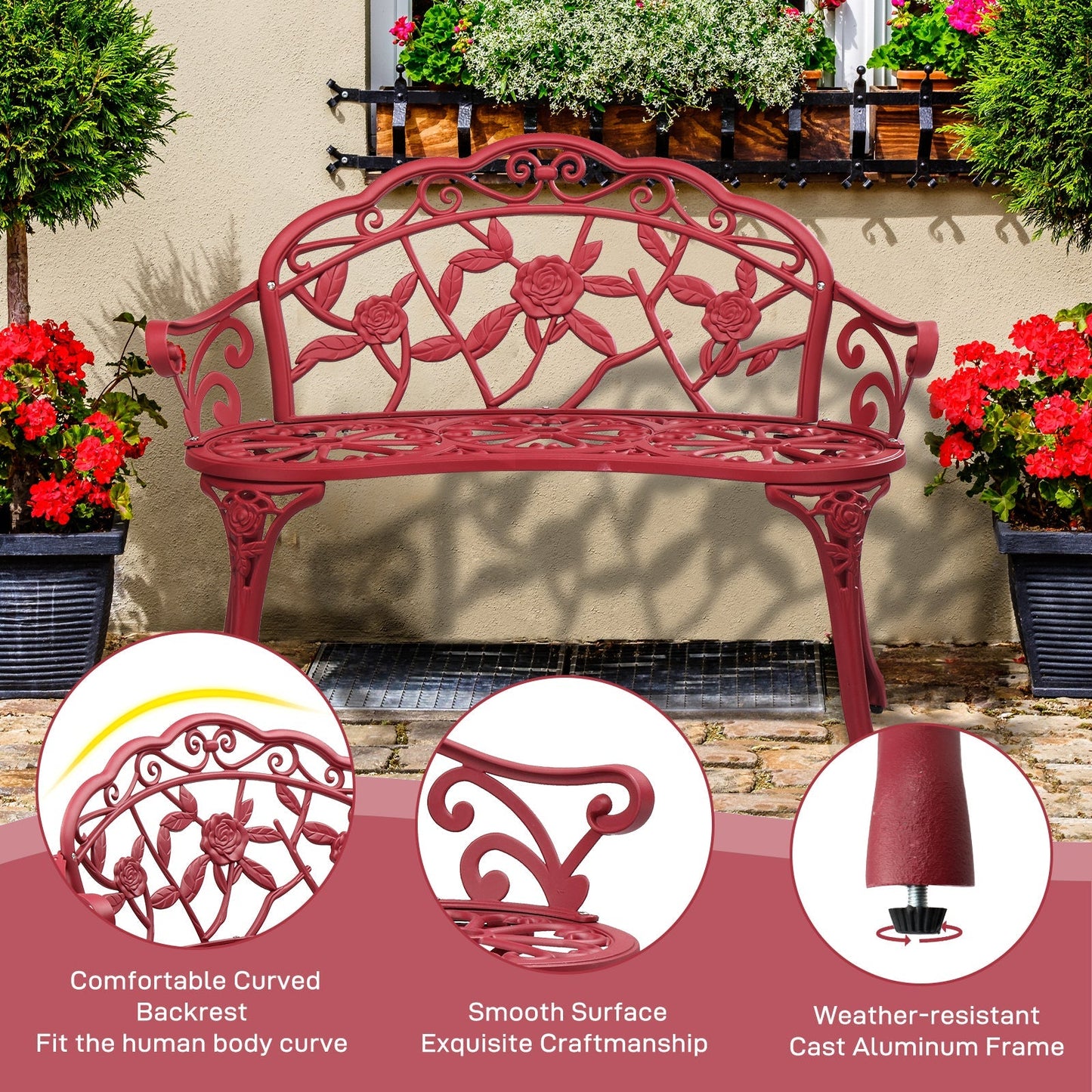 Floral Metal Outdoor Bench with 38.5in Rose-Pattern Seat and Back, Curved Arms and Four Color Options