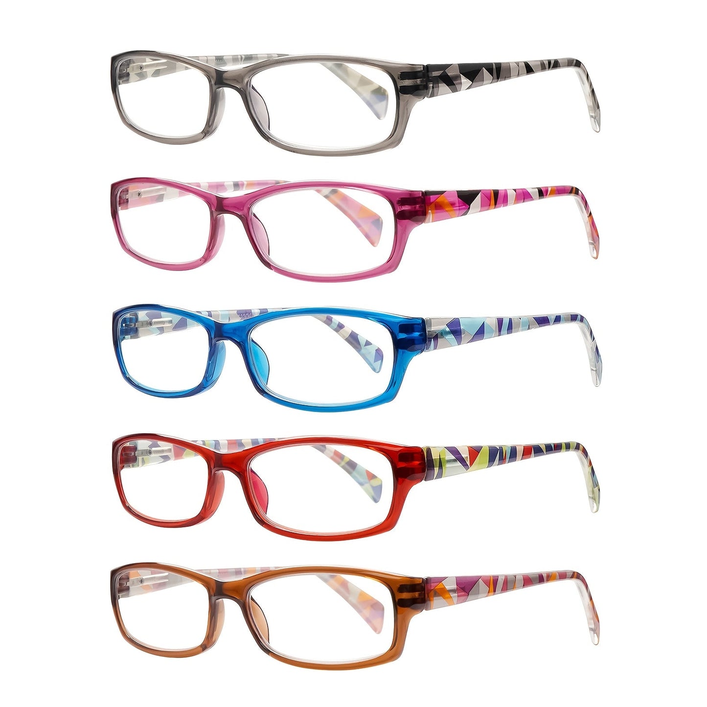 Reading Glasses – Five-Pair Rectangular Set with Spring Hinges and Mixed Colors with Multiple Strength and Color Options