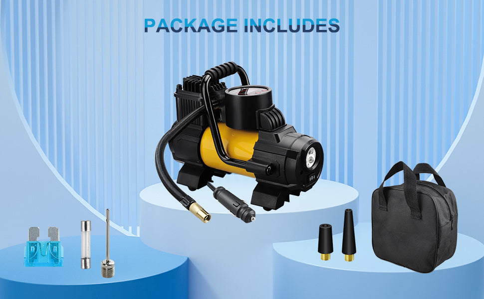 150 PSI 12V Tire Inflator with Analog Pressure Gauge, Carry Bag, Hose Accessories and Yellow or Blue Housing
