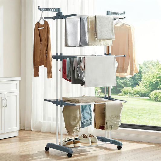 Clothes Drying Rack 4-Tier Foldable Metal Laundry Rack with Rolling Casters, Holds 30+ Garments, Adjustable Shelf Heights