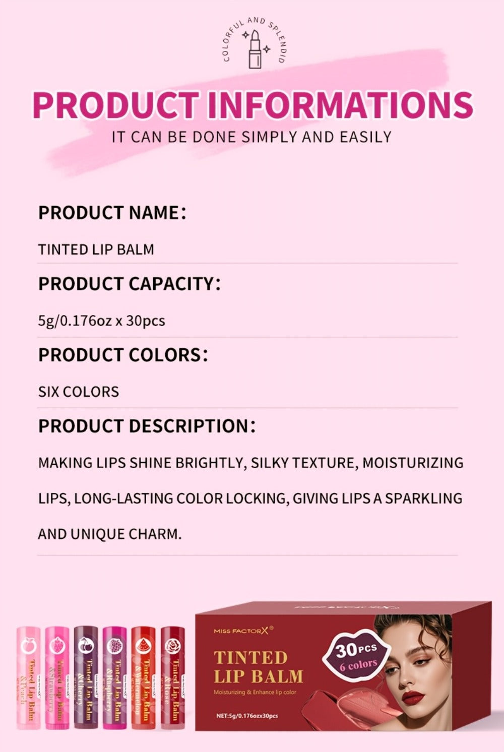 MISS FACTOR 30-Piece Tinted Lip Balm Set with Capped Tubes Organized into Six Color Groups