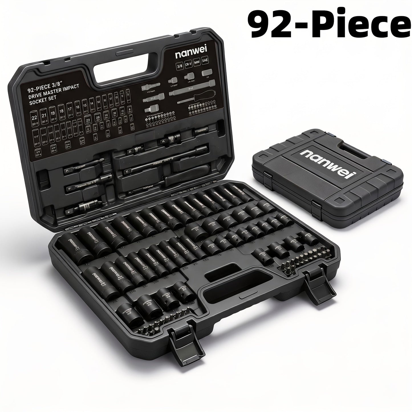 Impact Socket Set 3/8" Drive CR-V – 15/92 Piece Metric & SAE 6-Point with Ratchet Handle Adapter Storage Box for Auto Repair Mechanic DIY