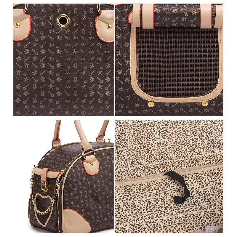 Patterned Pet Carrier Handbag with Mesh Side Panel, Top Handles and 17 x 12 x 8-Inch Pictured Size