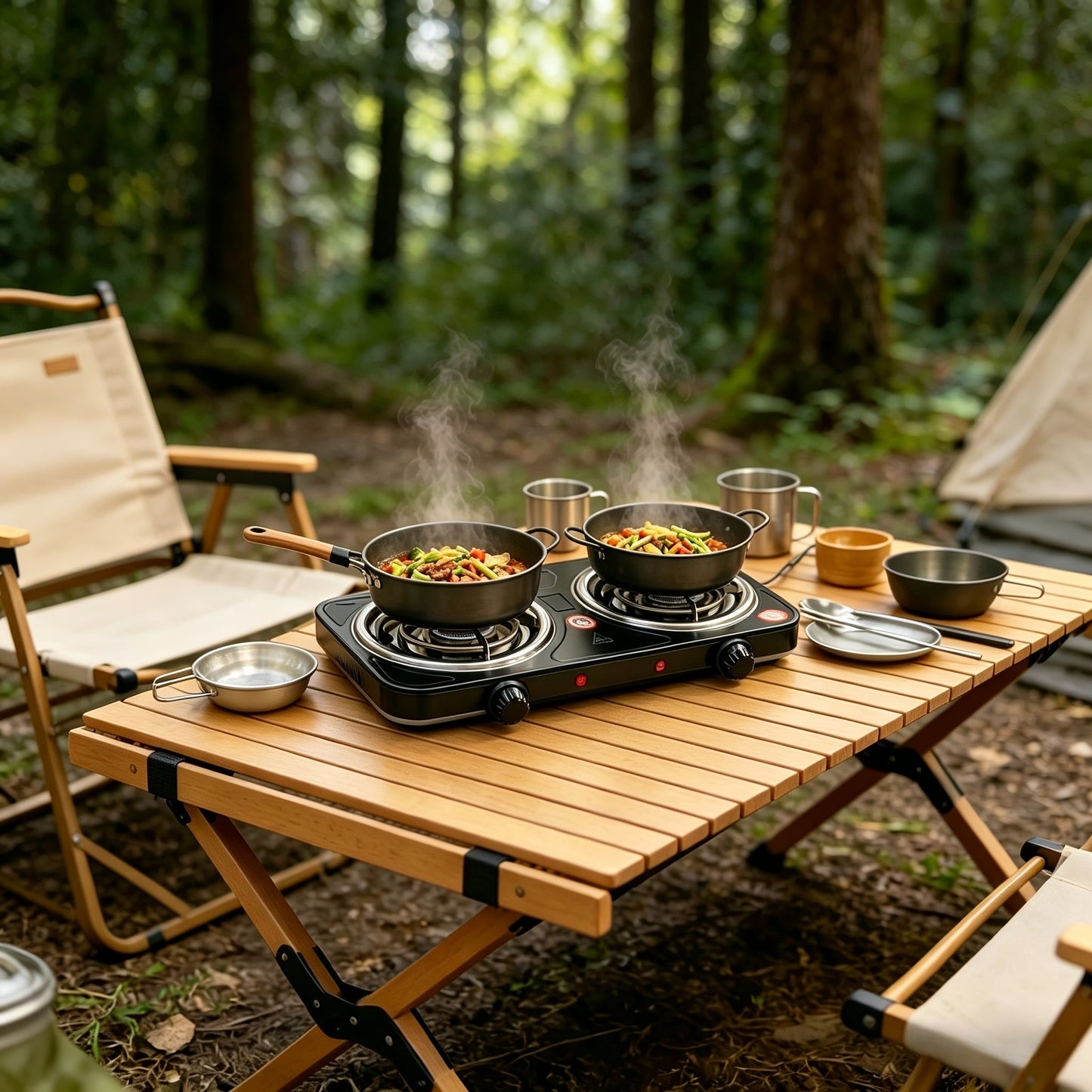 Portable Electric Stove Tabletop Double Burner, Adjustable Rotary Temperature Control, Compact Electric Charcoal Heater for Home