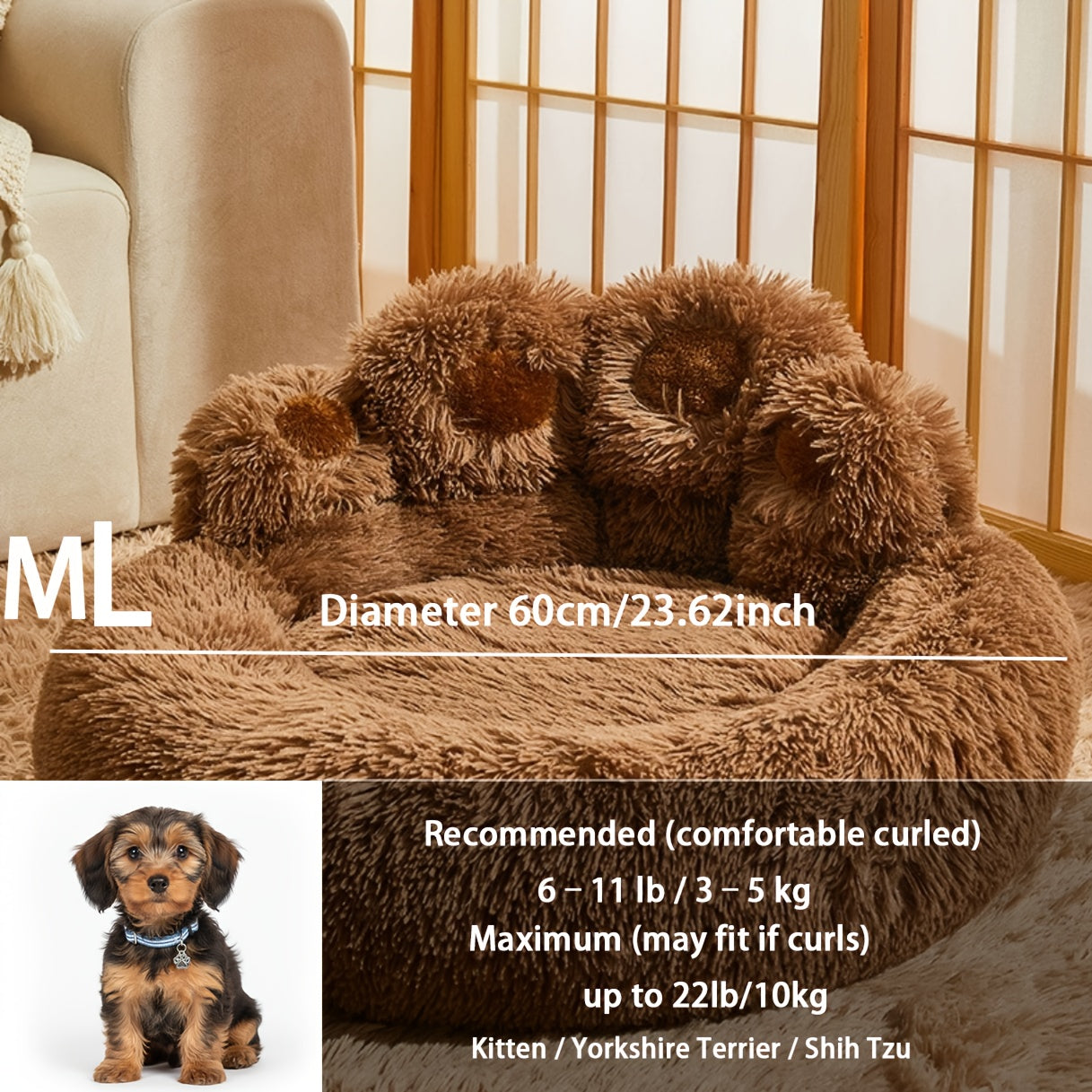 Plush Dog Bed Bear Paw Design – Thickened Soft Warm Pet Cushion Bed for Dogs & Cats, Non-Slip Bottom, Extra Large Cat Bed