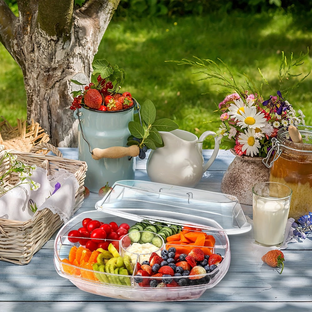 Appetizer Serving Tray with Ice Tray & Flip Lid, 15 Inch Round Chilled Condiment Serving Platter